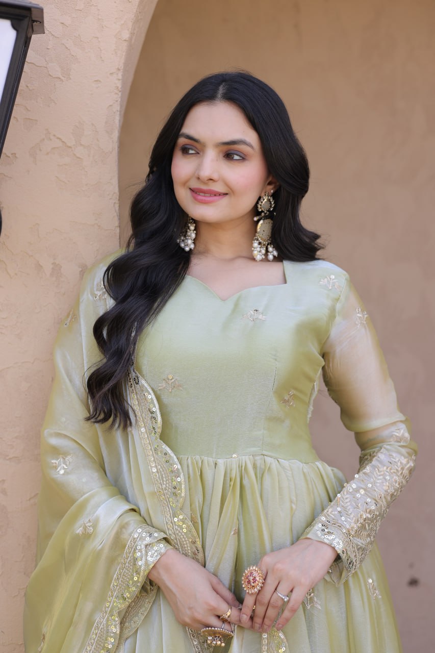 Elegant Party Wear Fendi Silk Gown with Zari Sequins Dupatta