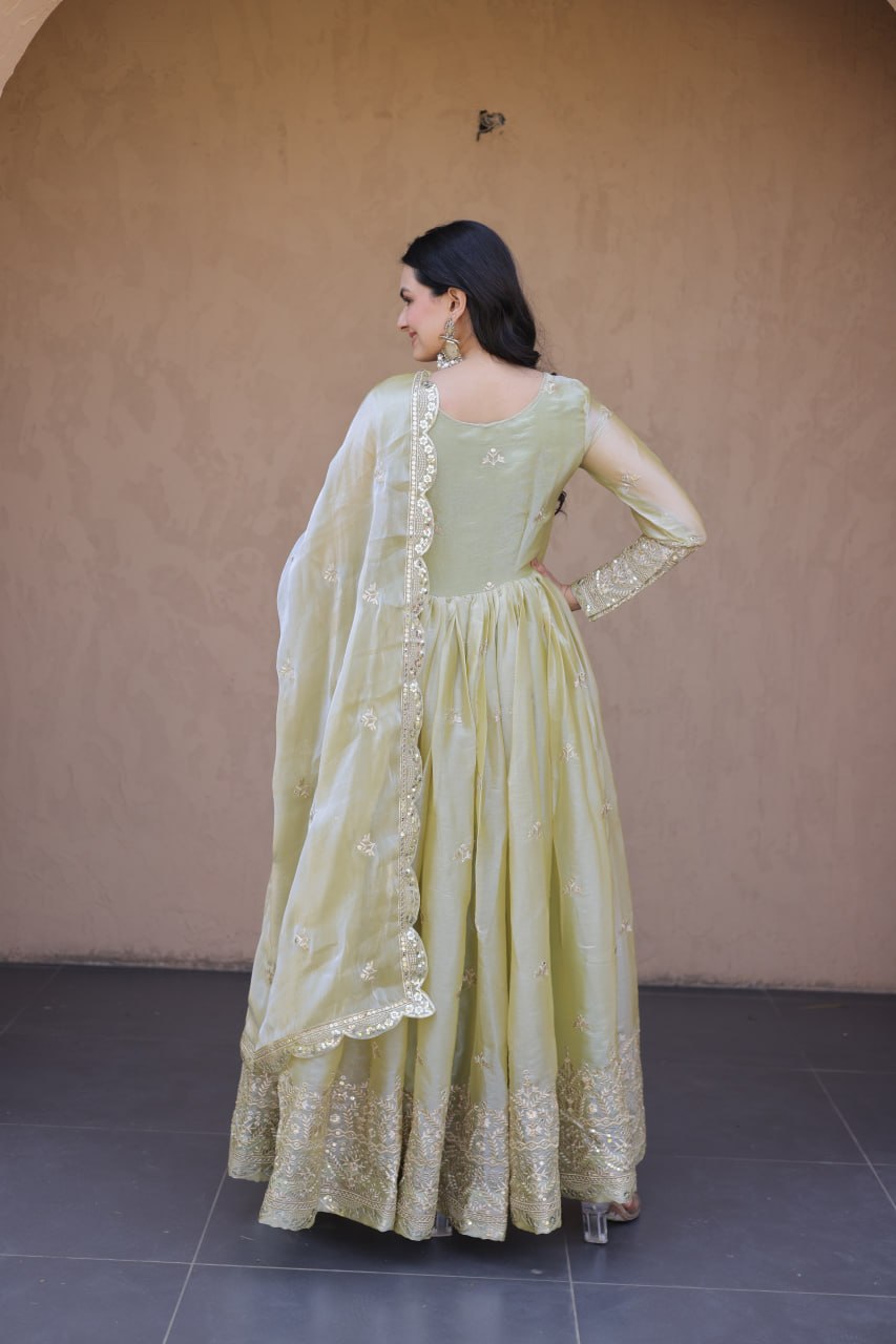 Elegant Party Wear Fendi Silk Gown with Zari Sequins Dupatta