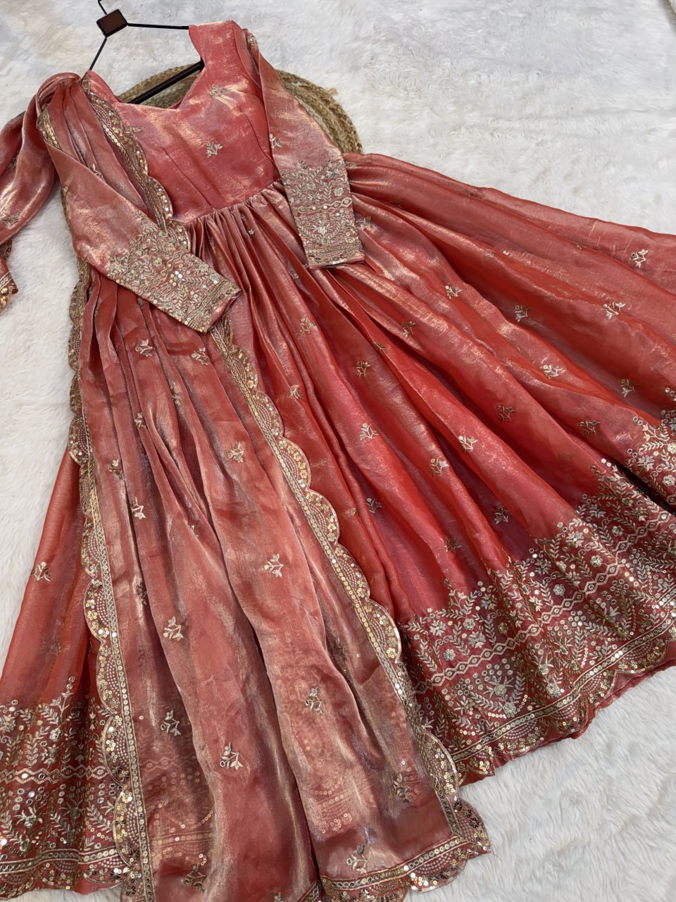 Elegant Party Wear Fendi Silk Gown with Zari Sequins Dupatta