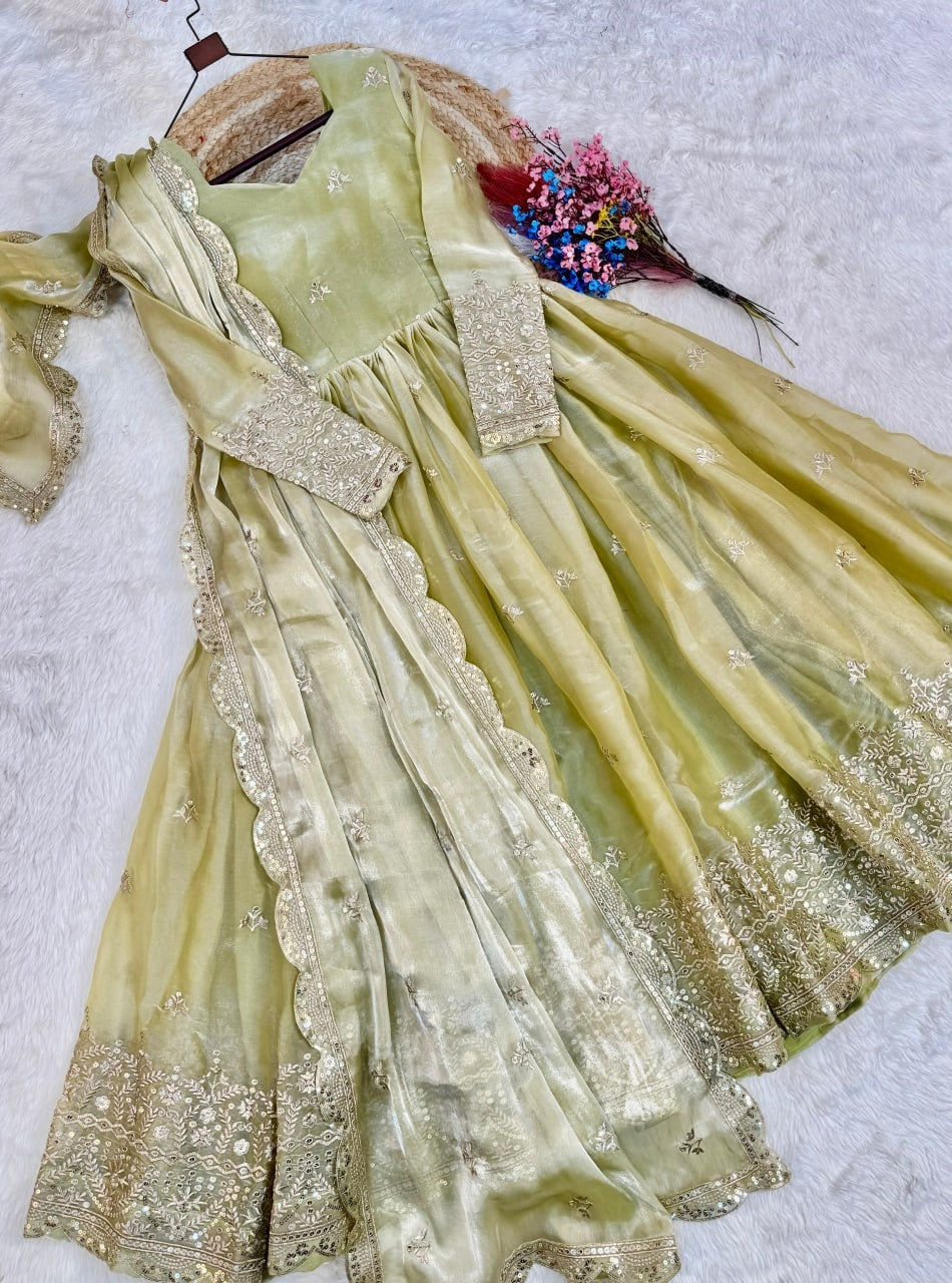 Elegant Party Wear Fendi Silk Gown with Zari Sequins Dupatta