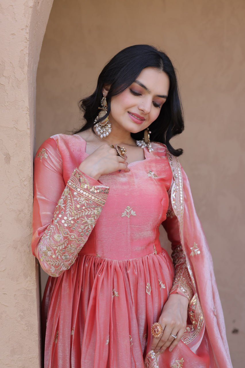Elegant Party Wear Fendi Silk Gown with Zari Sequins Dupatta