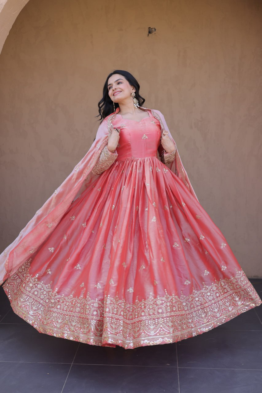 Elegant Party Wear Fendi Silk Gown with Zari Sequins Dupatta