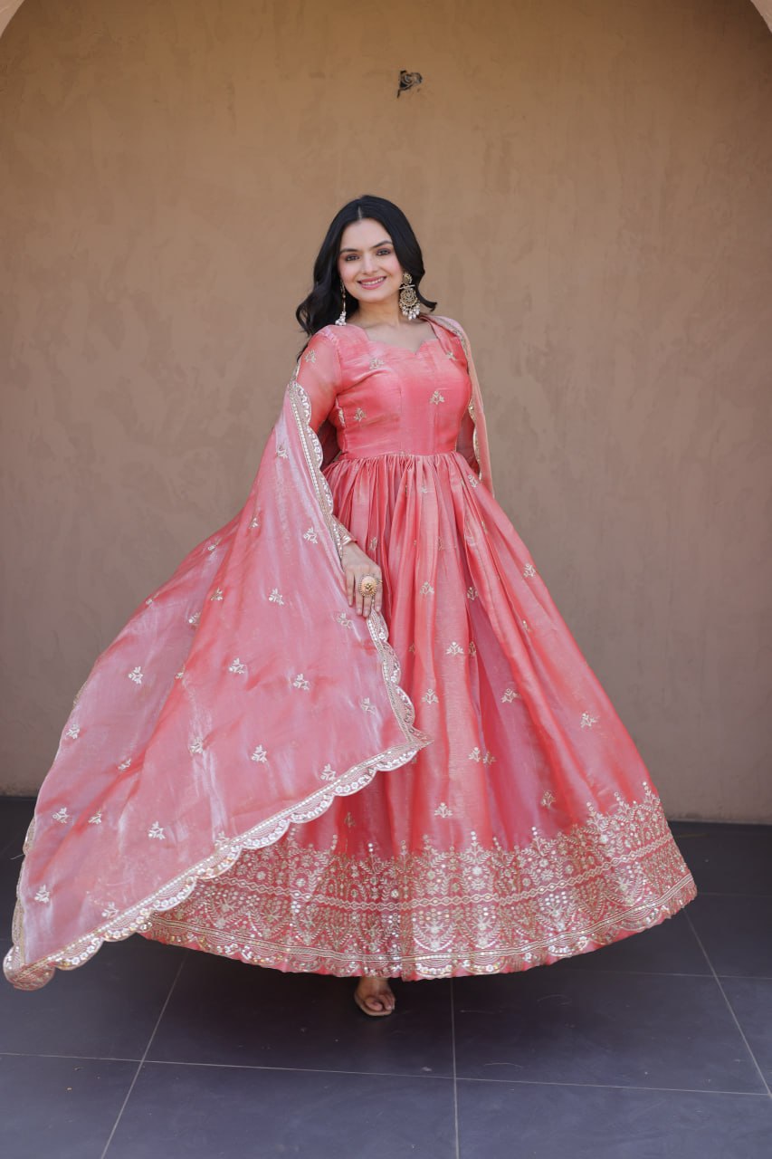 Elegant Party Wear Fendi Silk Gown with Zari Sequins Dupatta