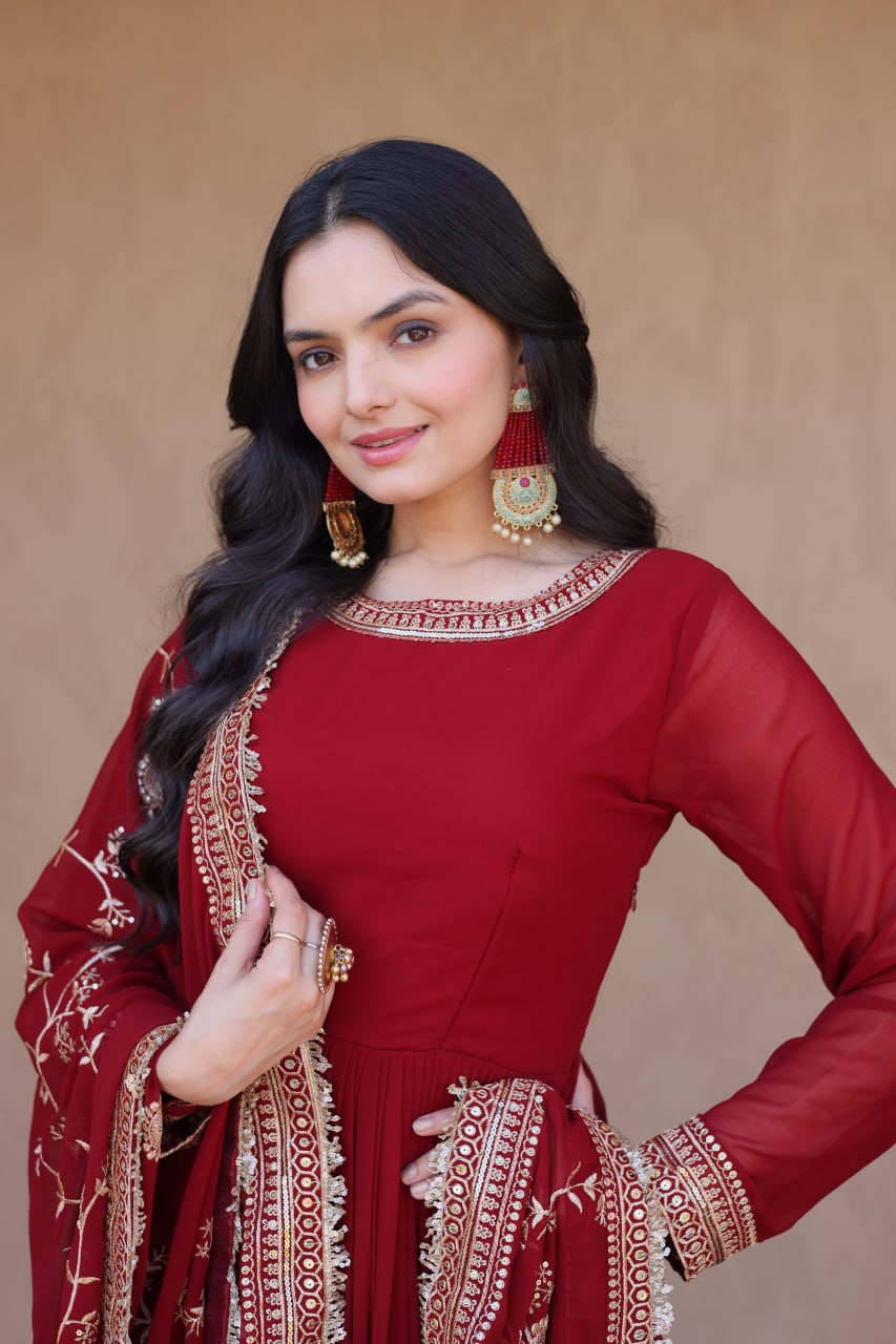 Designer Maroon Faux Blooming Gown with Embroidered Dupatta