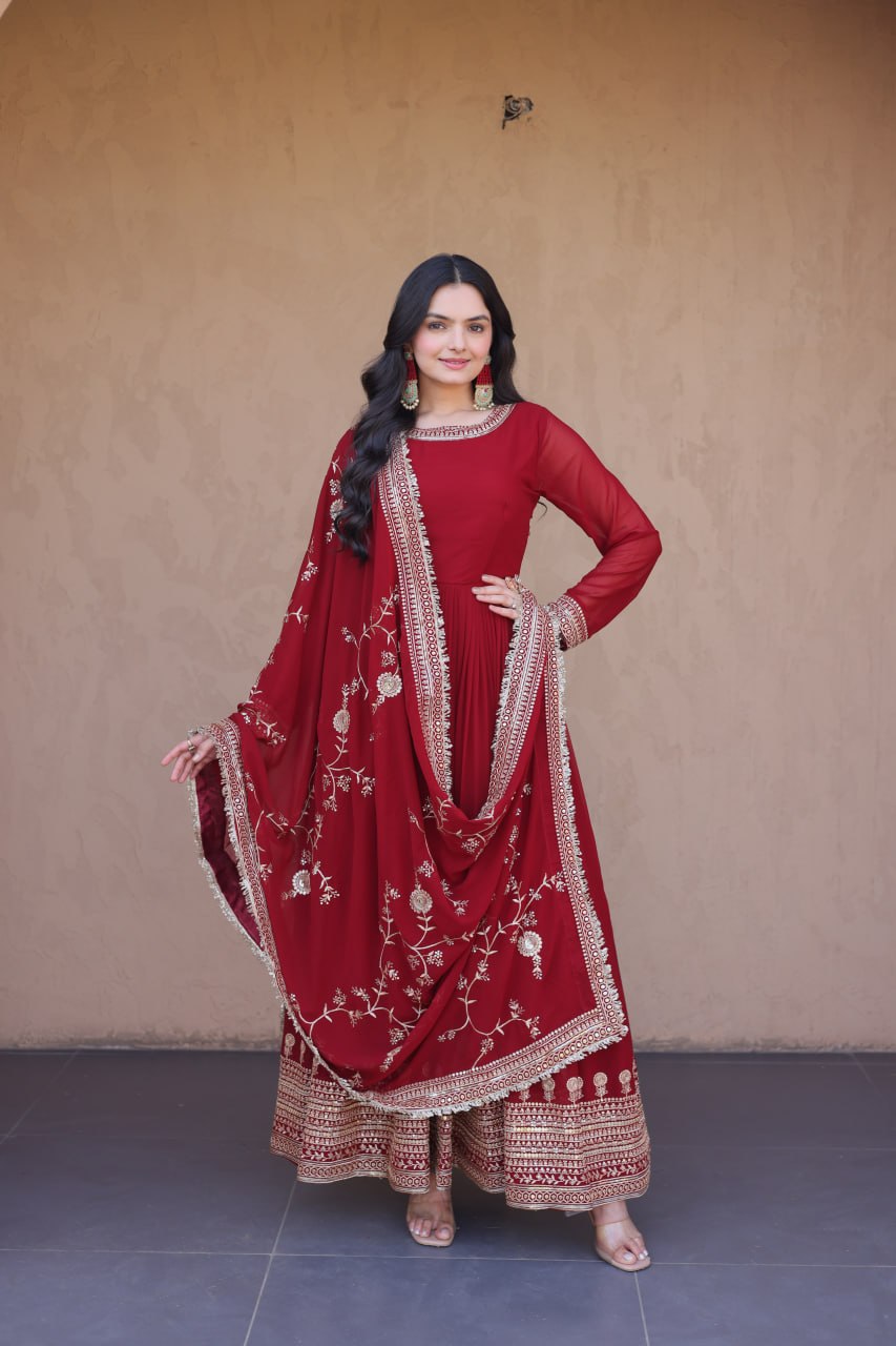 Designer Maroon Faux Blooming Gown with Embroidered Dupatta