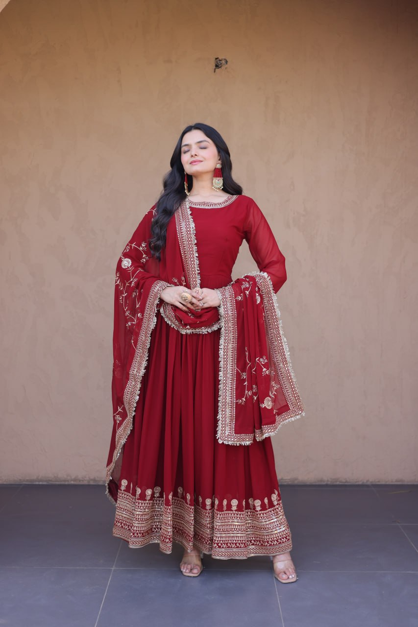 Designer Maroon Faux Blooming Gown with Embroidered Dupatta