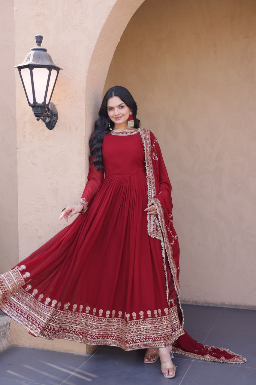 Designer Maroon Faux Blooming Gown with Embroidered Dupatta