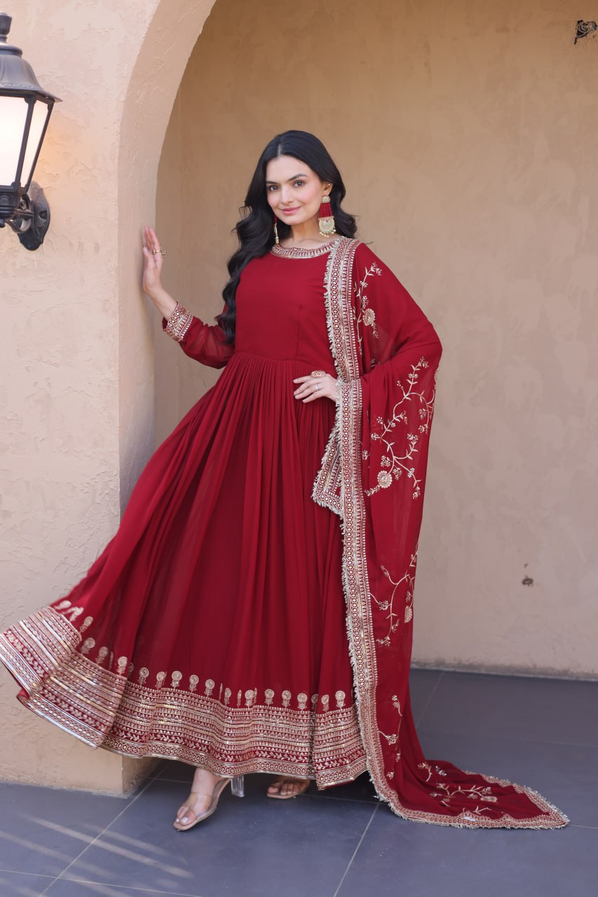 Designer Maroon Faux Blooming Gown with Embroidered Dupatta