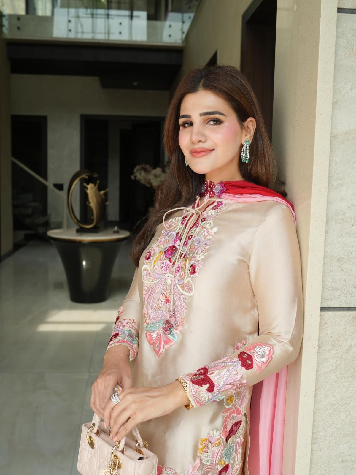 Elegant Natural Satin Farshi Suit with Embroidery Work