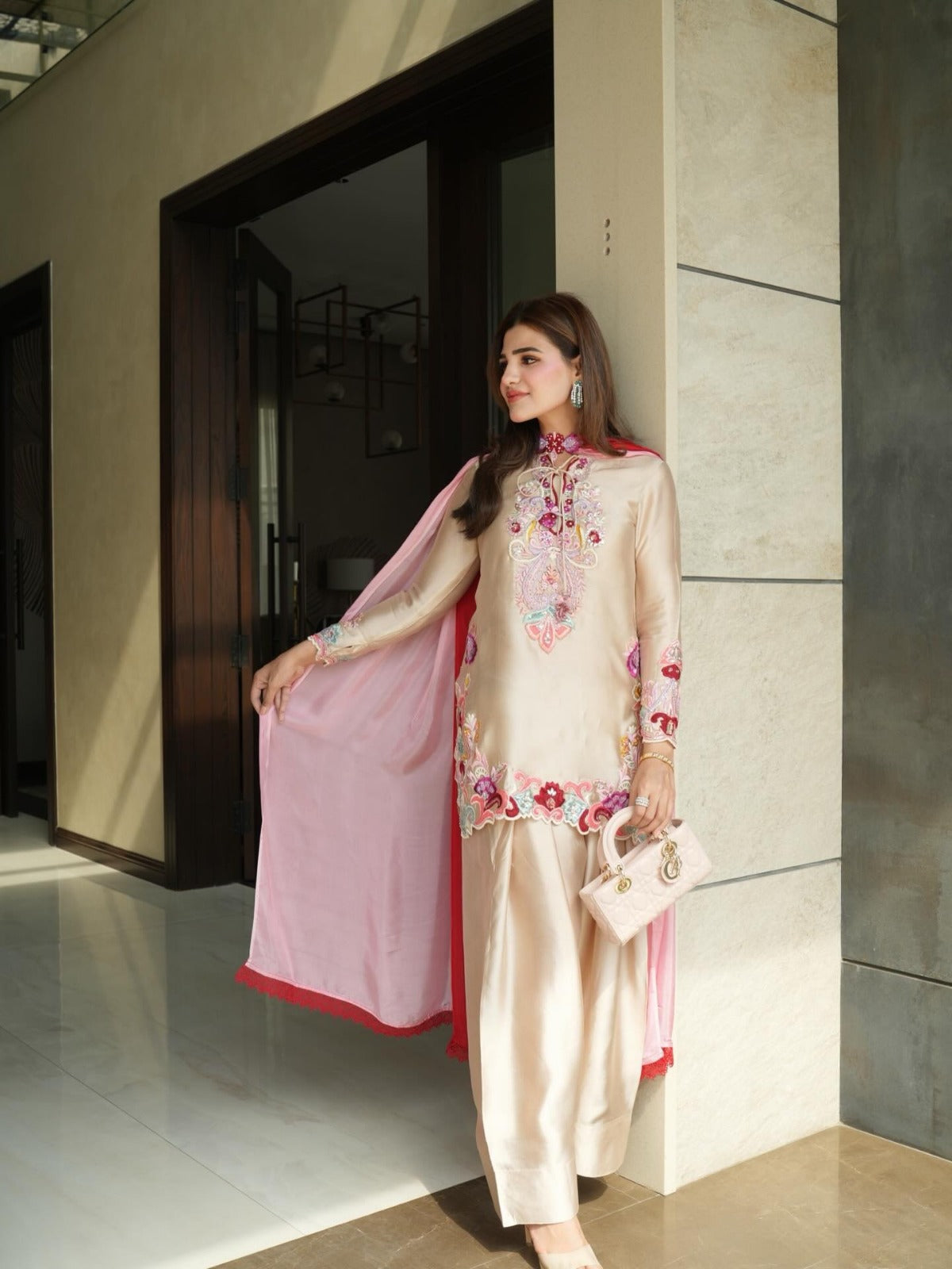 Elegant Natural Satin Farshi Suit with Embroidery Work