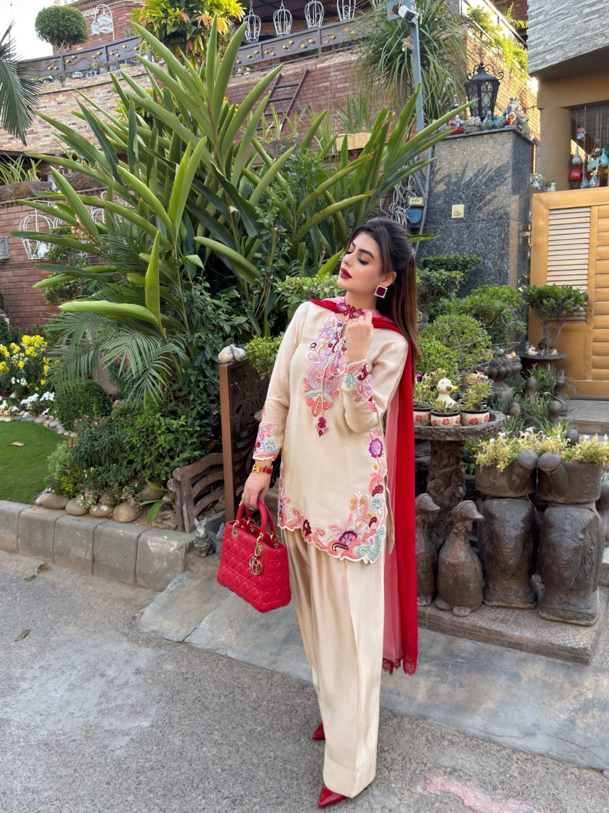 Elegant Natural Satin Farshi Suit with Embroidery Work