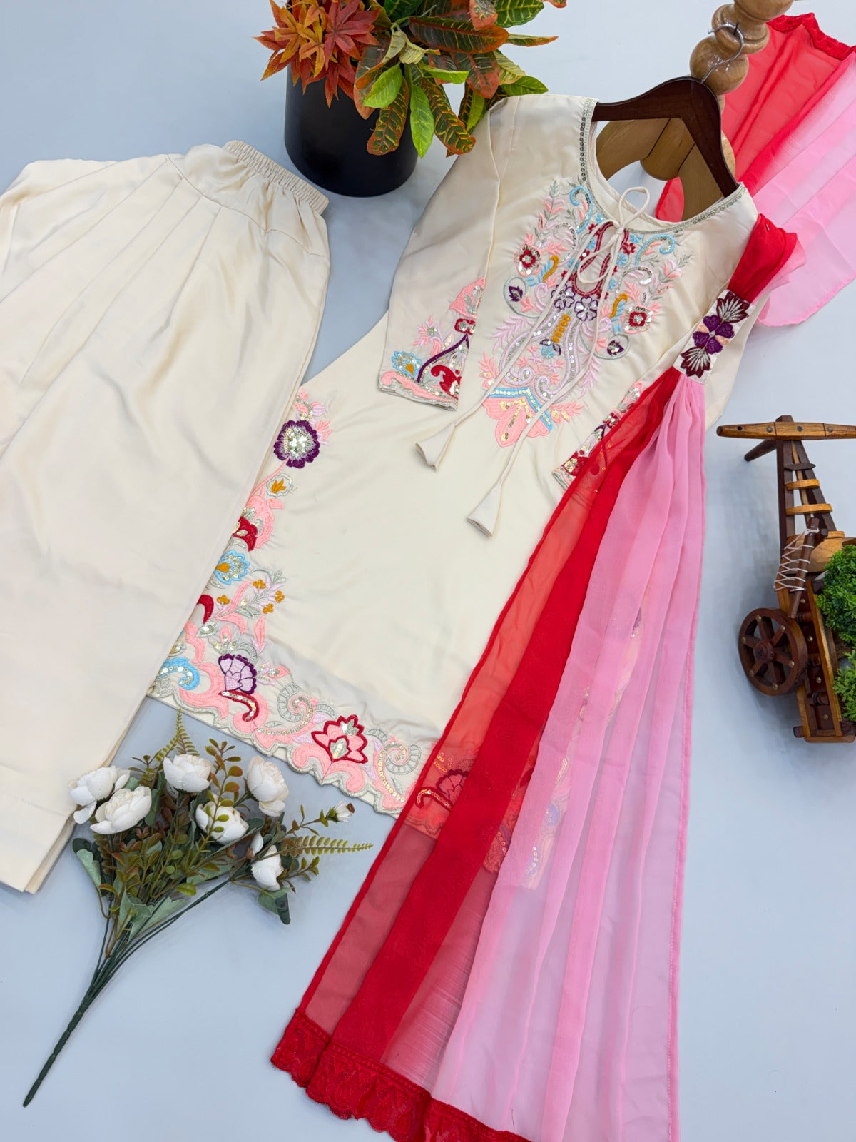 Elegant Natural Satin Farshi Suit with Embroidery Work