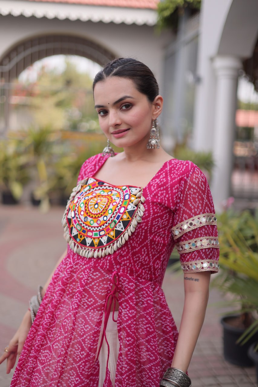 Designer Navratri Kora Cotton Lehenga Kurti Set with Bandhani Print