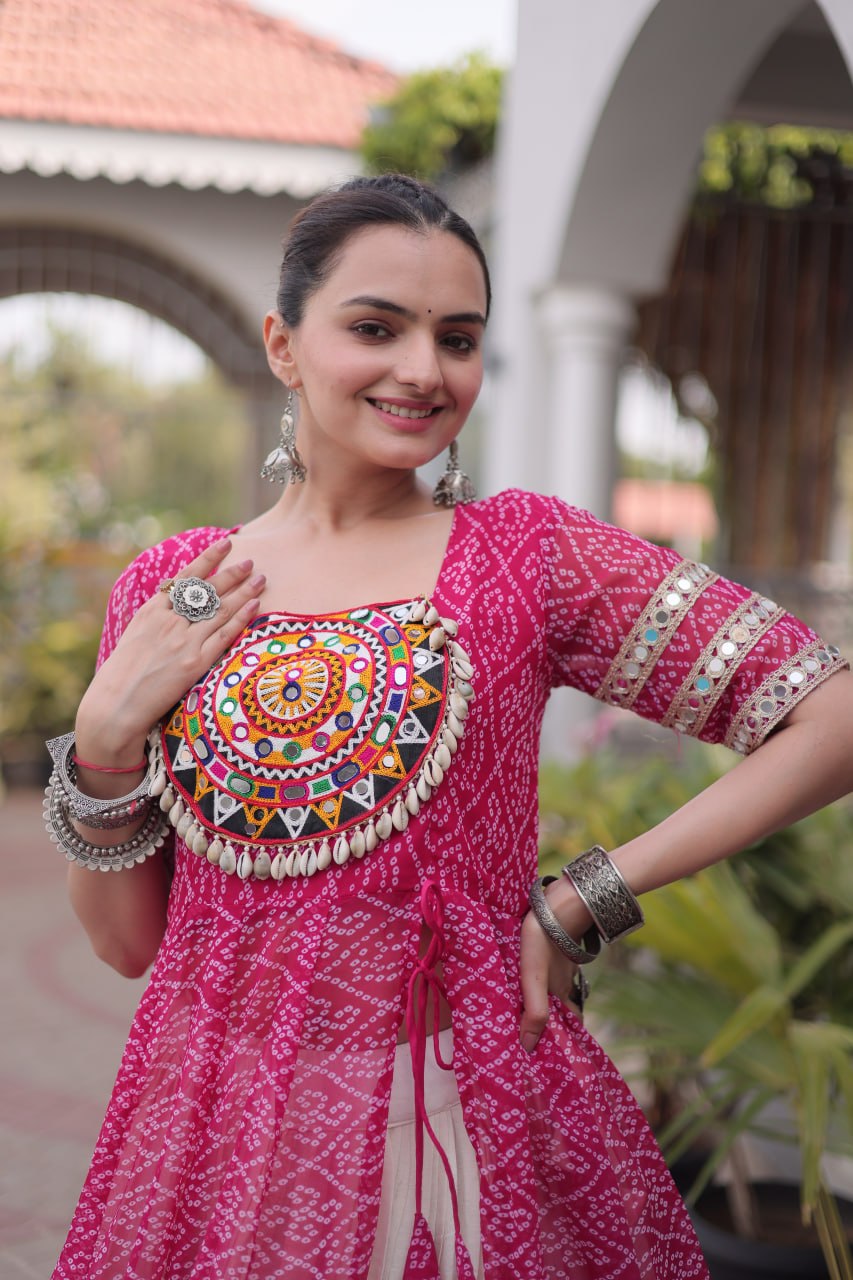 Designer Navratri Kora Cotton Lehenga Kurti Set with Bandhani Print