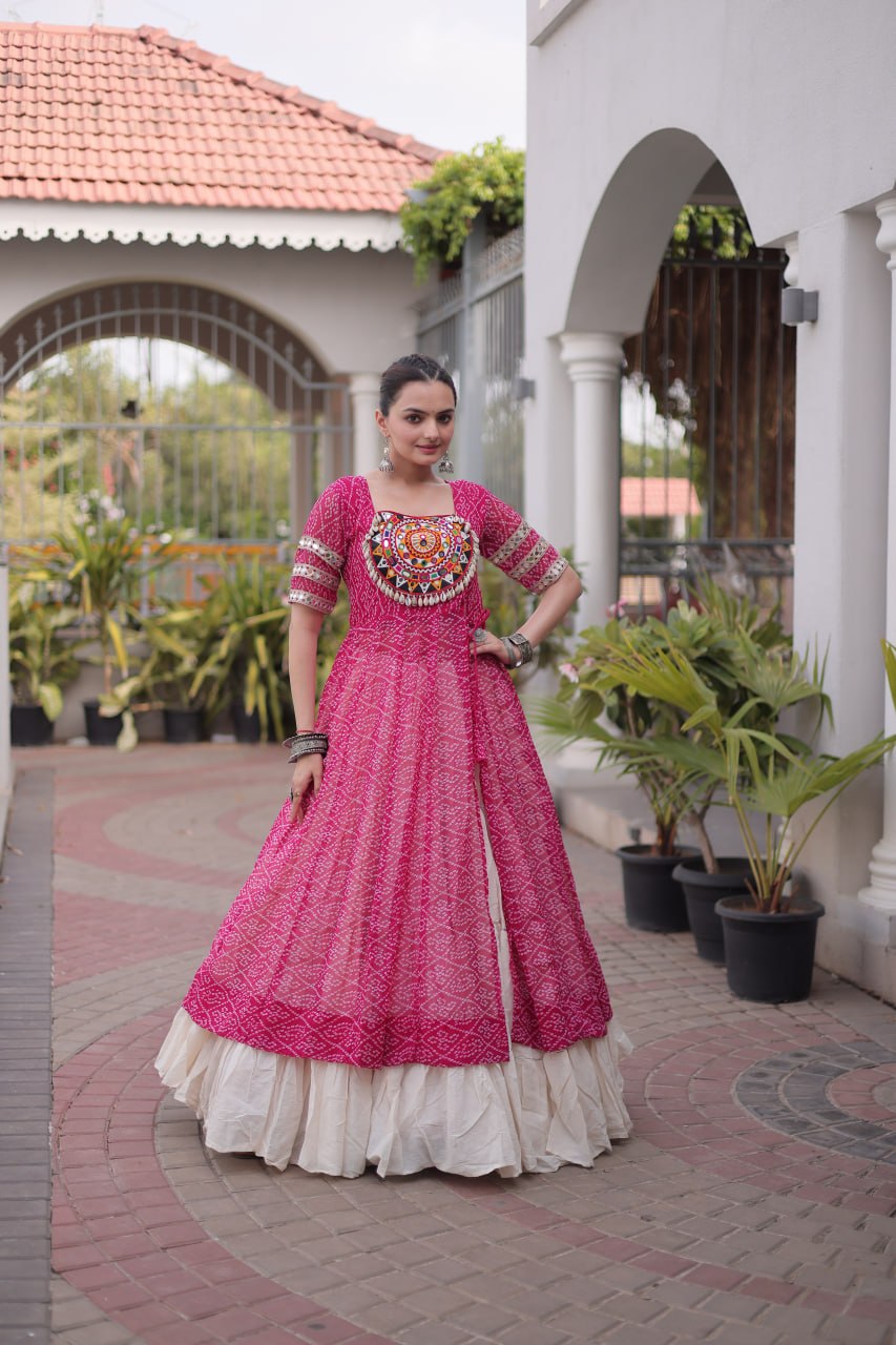 Designer Navratri Kora Cotton Lehenga Kurti Set with Bandhani Print