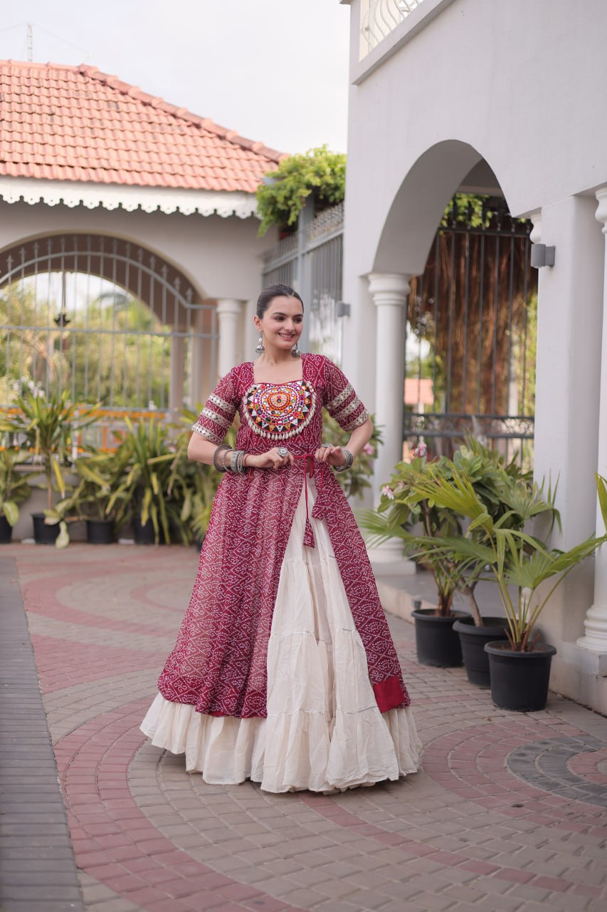 Designer Navratri Kora Cotton Lehenga Kurti Set with Bandhani Print