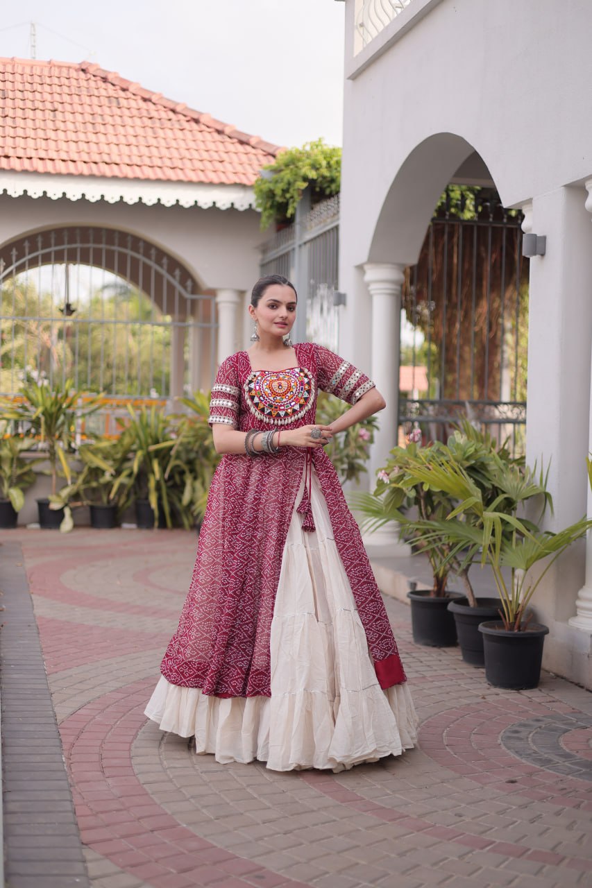 Designer Navratri Kora Cotton Lehenga Kurti Set with Bandhani Print