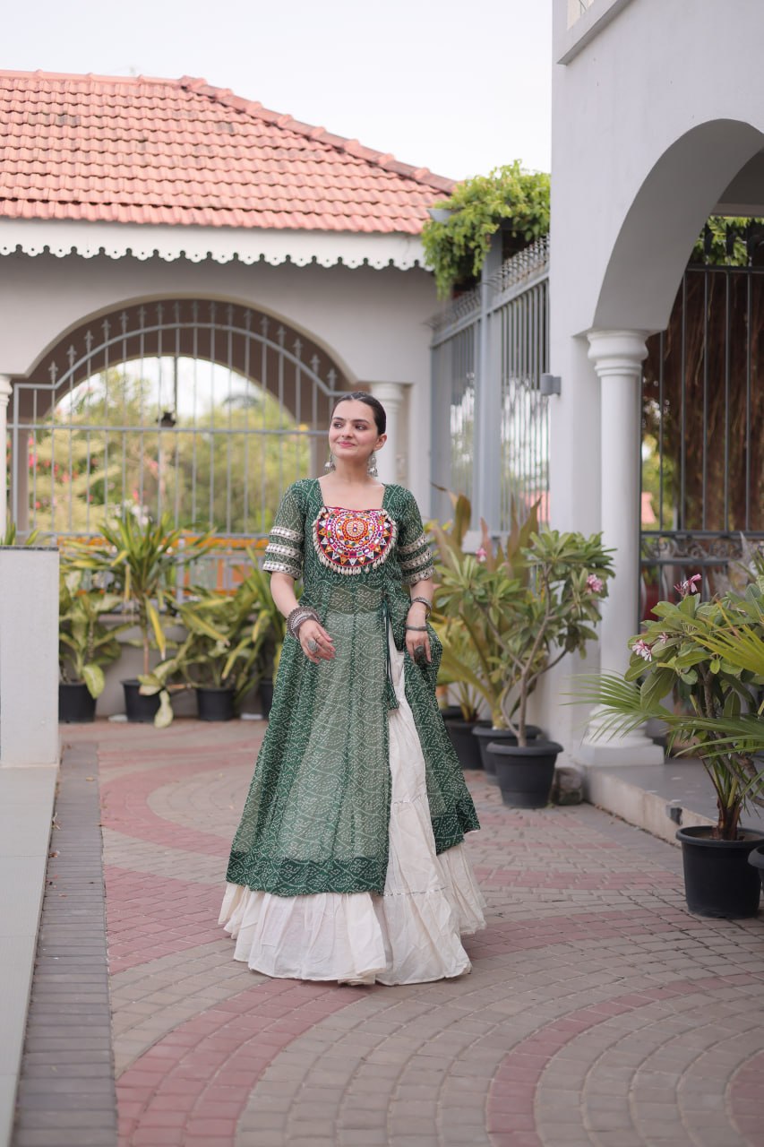 Designer Navratri Kora Cotton Lehenga Kurti Set with Bandhani Print