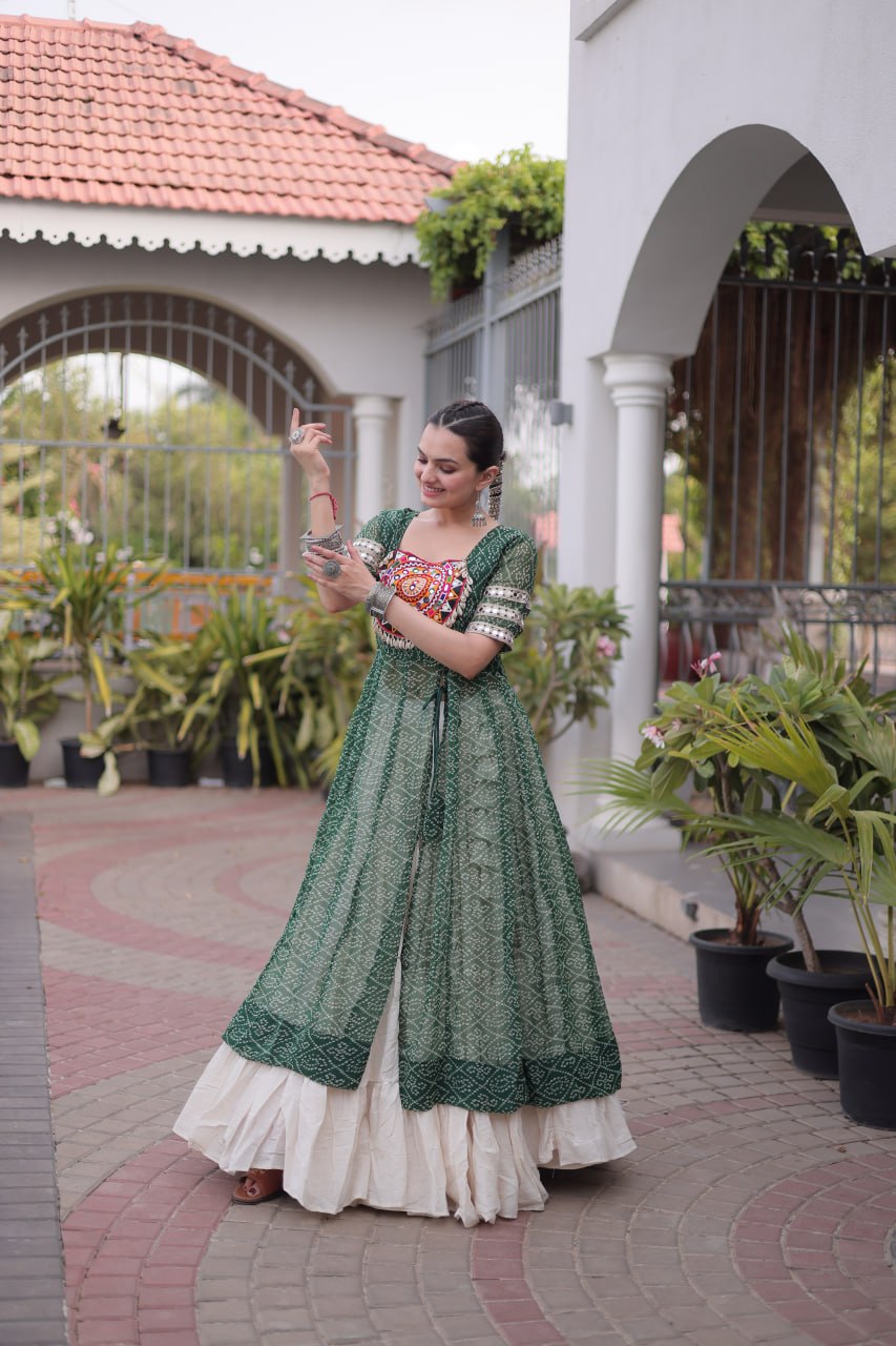 Designer Navratri Kora Cotton Lehenga Kurti Set with Bandhani Print