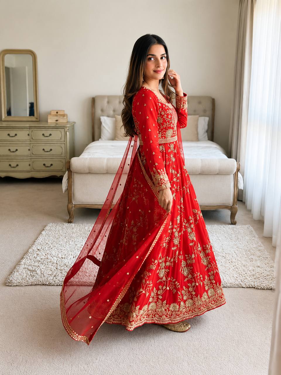 Luxury Heavy Georgette Gown Set with Sequins Embroidery & Lace Border