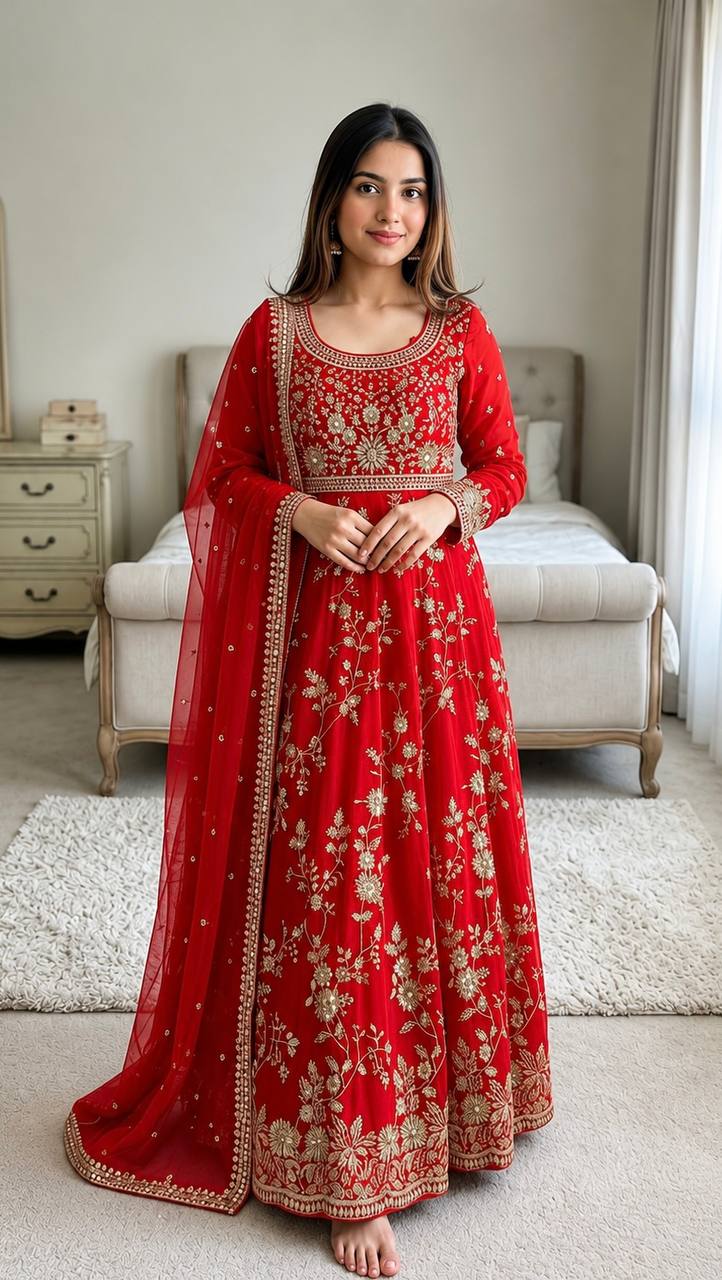 Luxury Heavy Georgette Gown Set with Sequins Embroidery & Lace Border