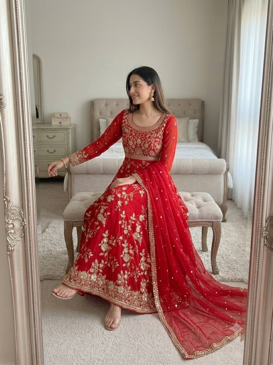 Luxury Heavy Georgette Gown Set with Sequins Embroidery & Lace Border