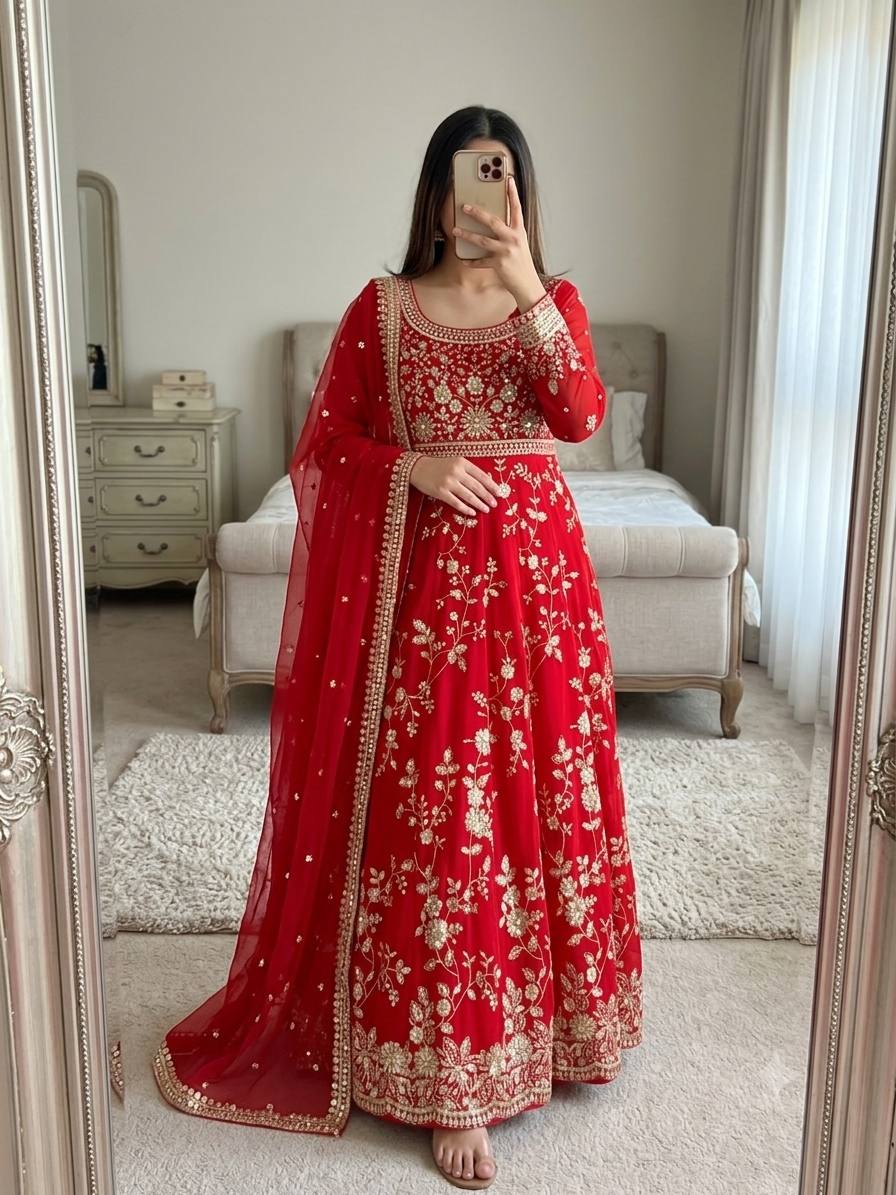 Luxury Heavy Georgette Gown Set with Sequins Embroidery & Lace Border