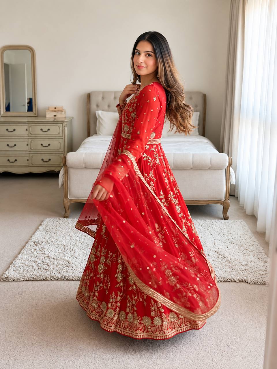 Luxury Heavy Georgette Gown Set with Sequins Embroidery & Lace Border