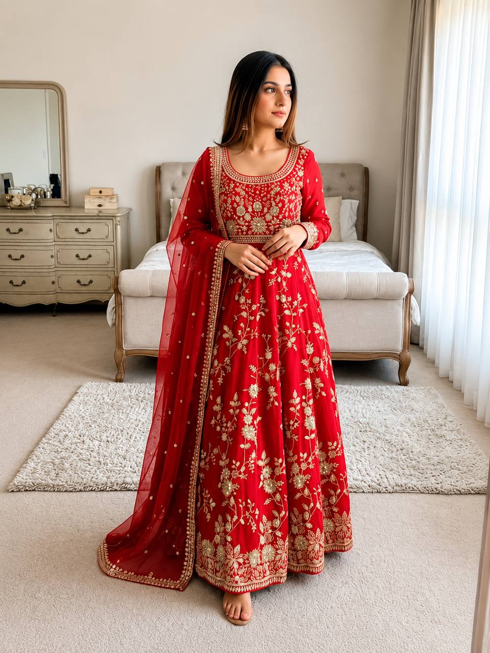 Luxury Heavy Georgette Gown Set with Sequins Embroidery & Lace Border