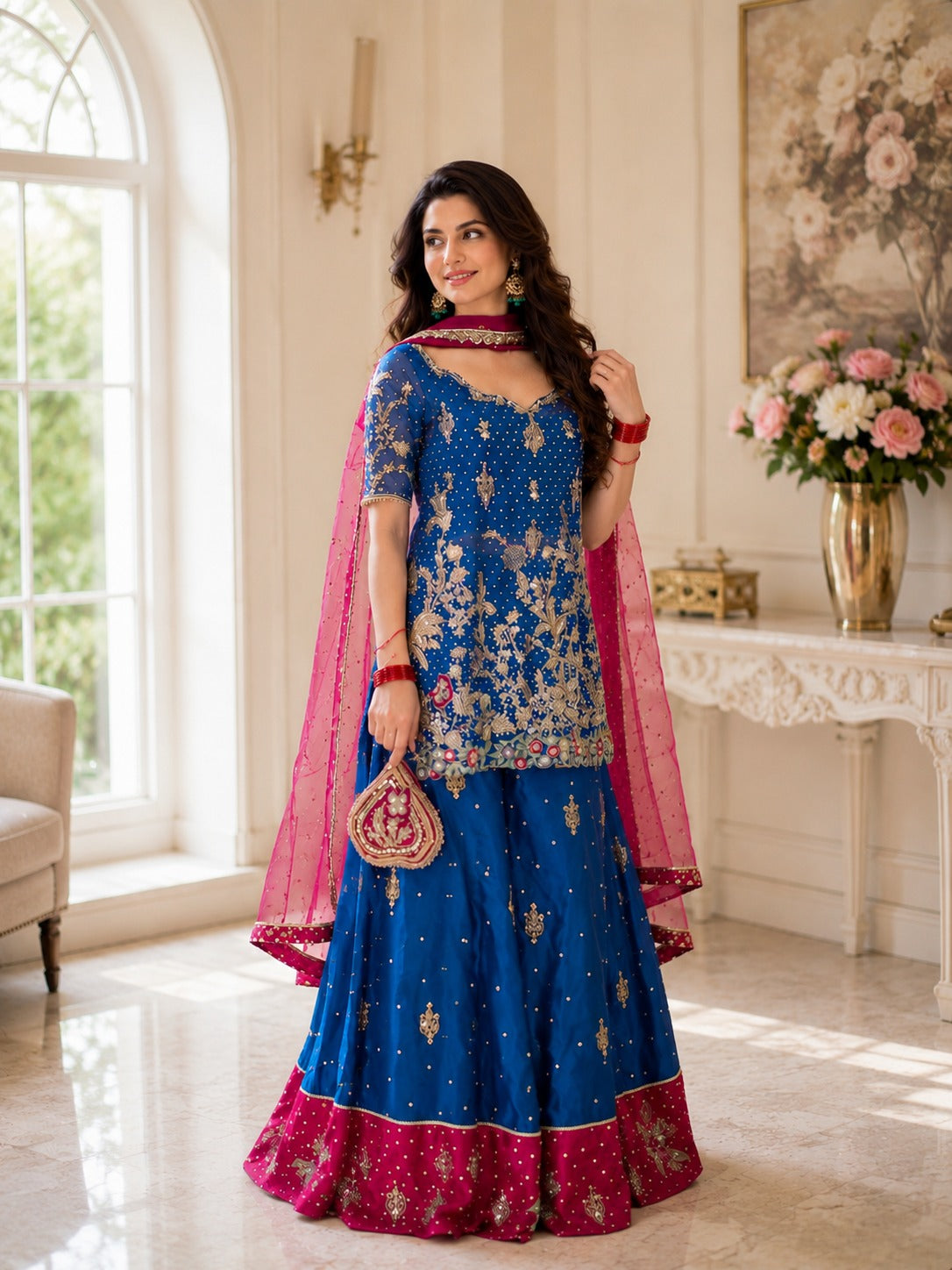 Elegant Party Wear Georgette Kurti Palazzo Set with Zari Work
