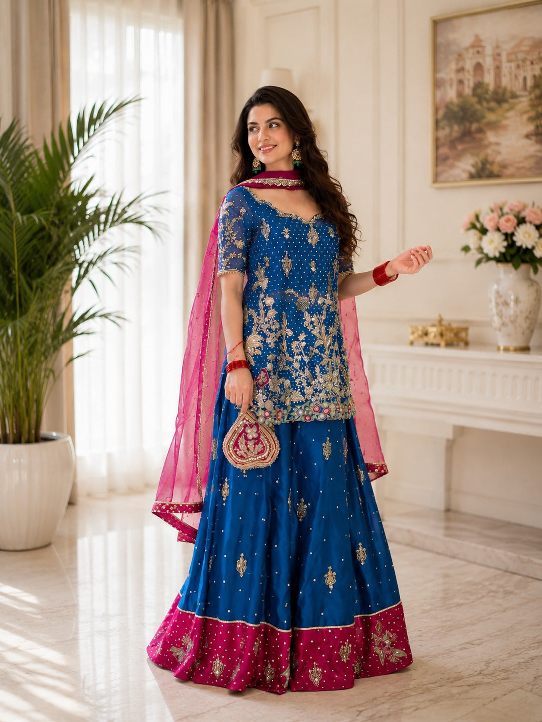 Elegant Party Wear Georgette Kurti Palazzo Set with Zari Work