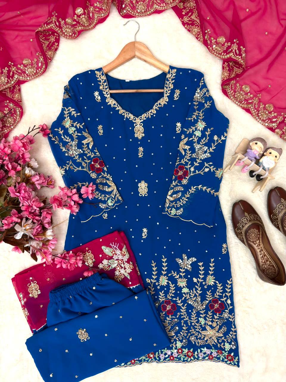 Elegant Party Wear Georgette Kurti Palazzo Set with Zari Work