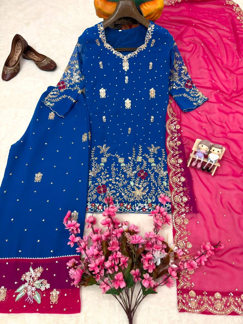 Elegant Party Wear Georgette Kurti Palazzo Set with Zari Work