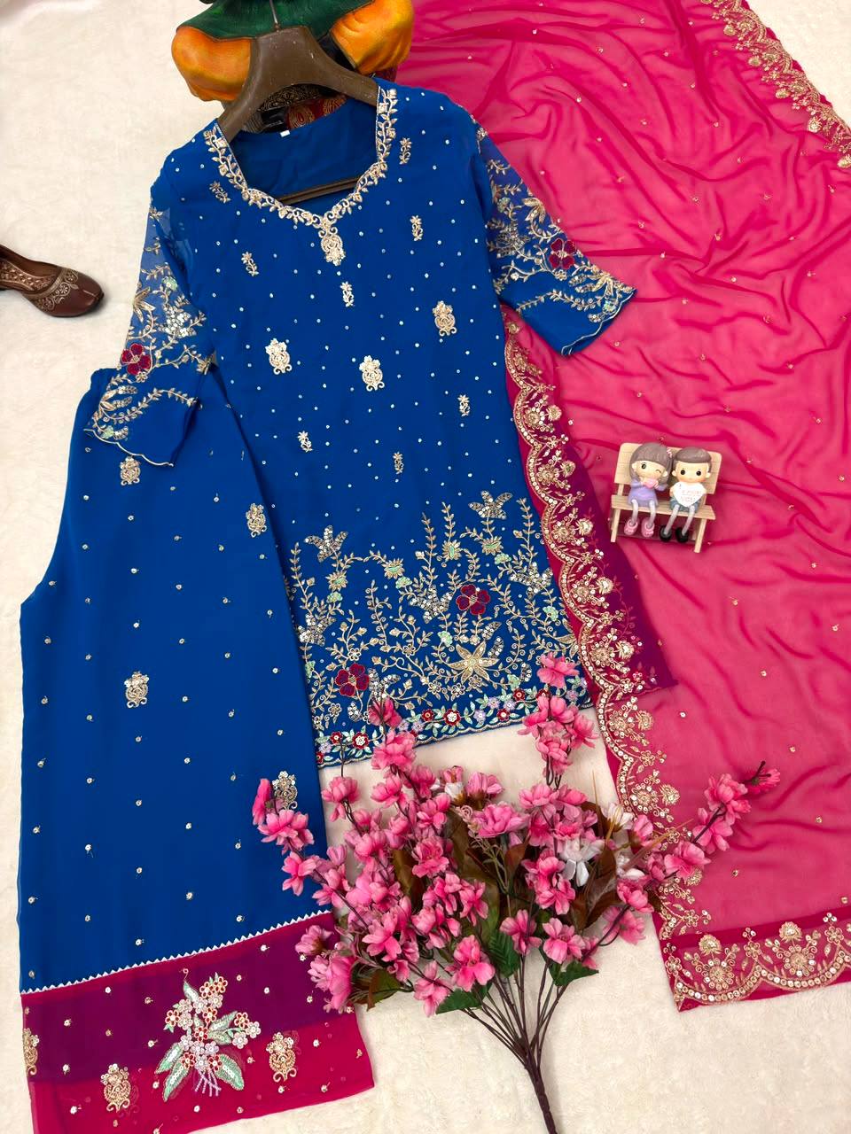 Elegant Party Wear Georgette Kurti Palazzo Set with Zari Work