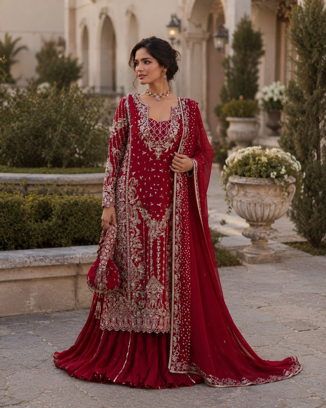 Luxury Chinon Palazzo Suit with Embroidered Georgette Dupatta