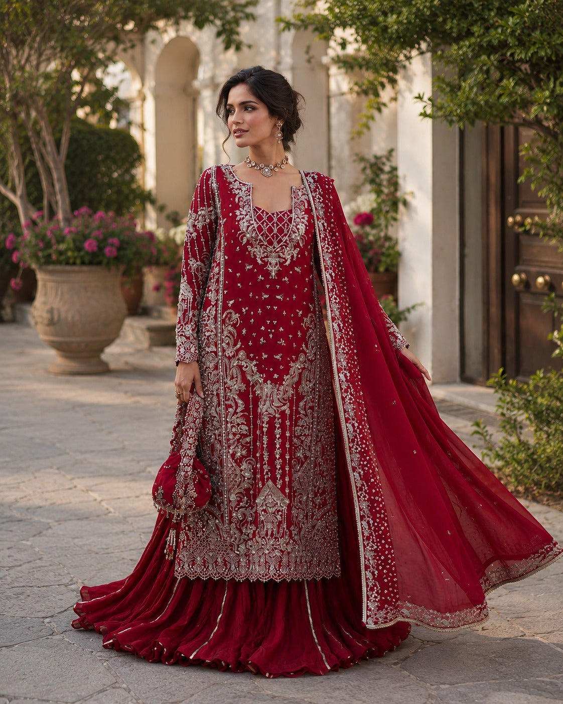 Luxury Chinon Palazzo Suit with Embroidered Georgette Dupatta