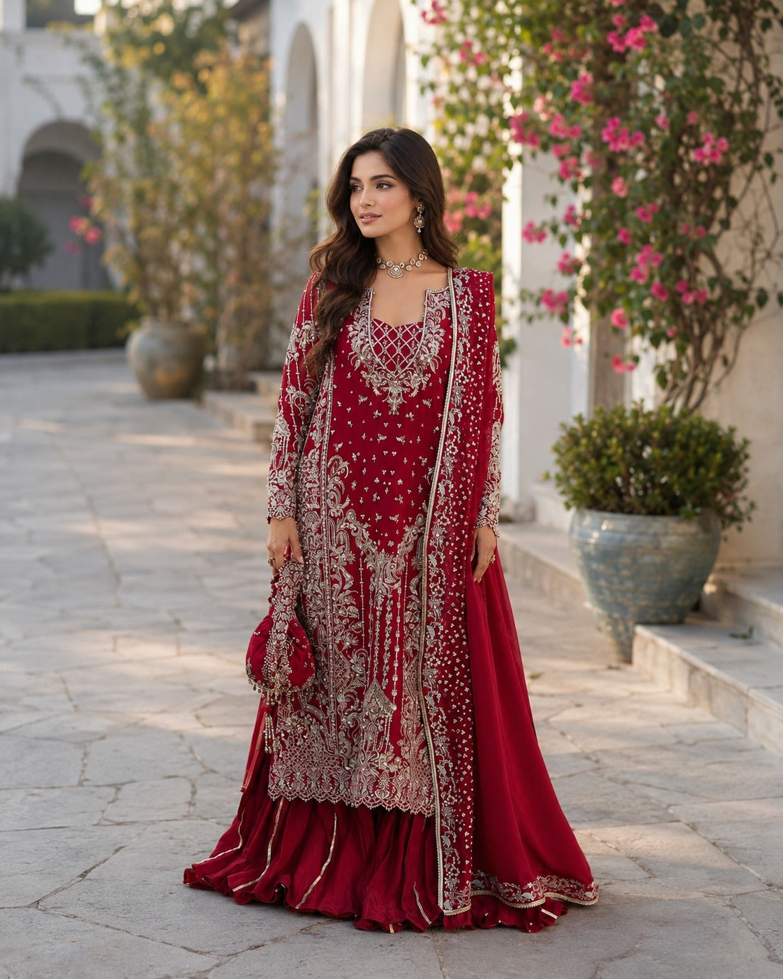 Luxury Chinon Palazzo Suit with Embroidered Georgette Dupatta