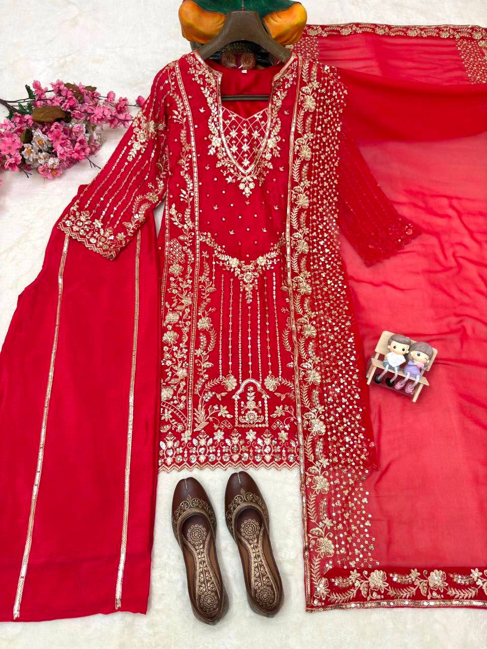 Luxury Chinon Palazzo Suit with Embroidered Georgette Dupatta