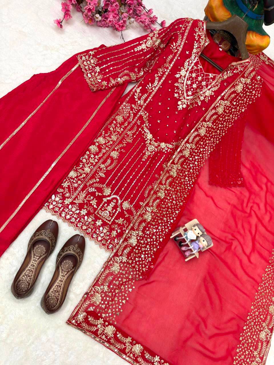 Luxury Chinon Palazzo Suit with Embroidered Georgette Dupatta