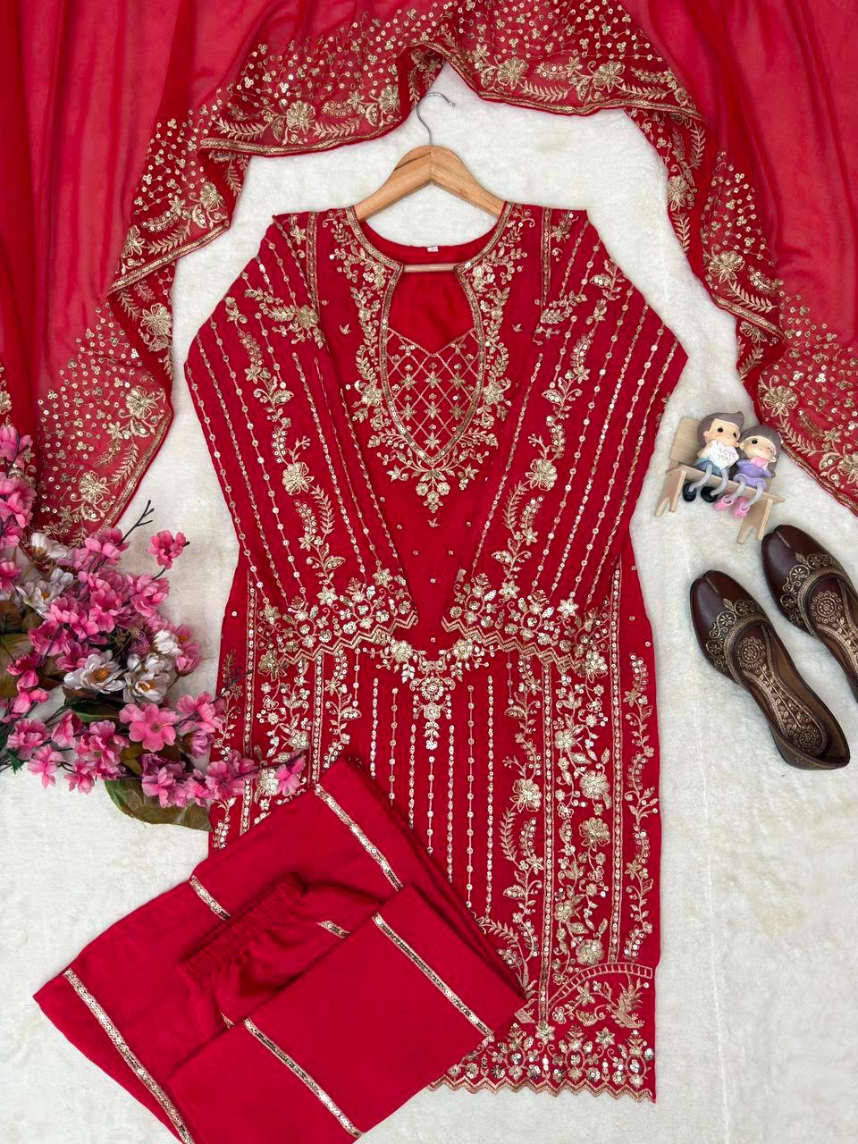 Luxury Chinon Palazzo Suit with Embroidered Georgette Dupatta