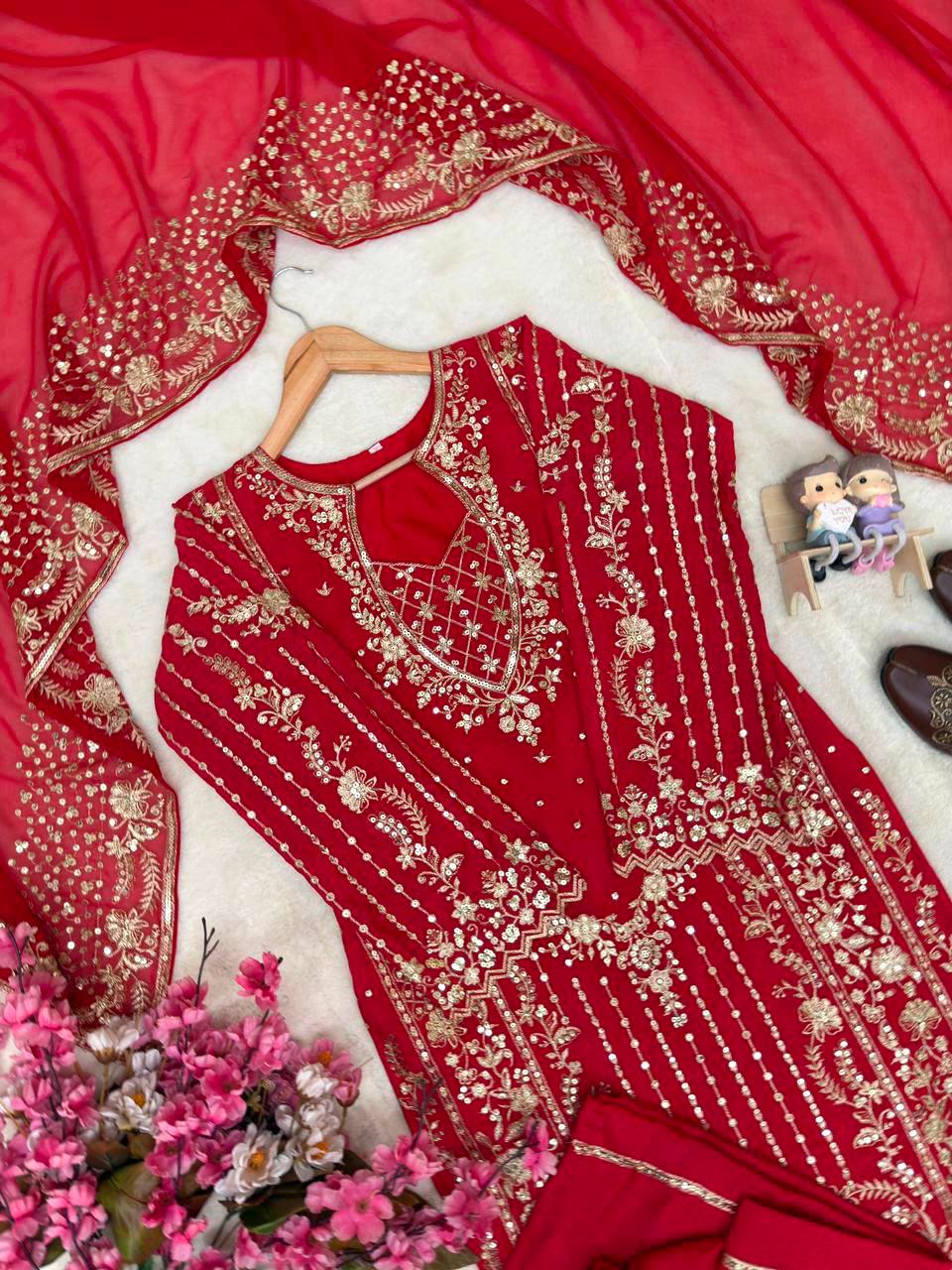 Luxury Chinon Palazzo Suit with Embroidered Georgette Dupatta