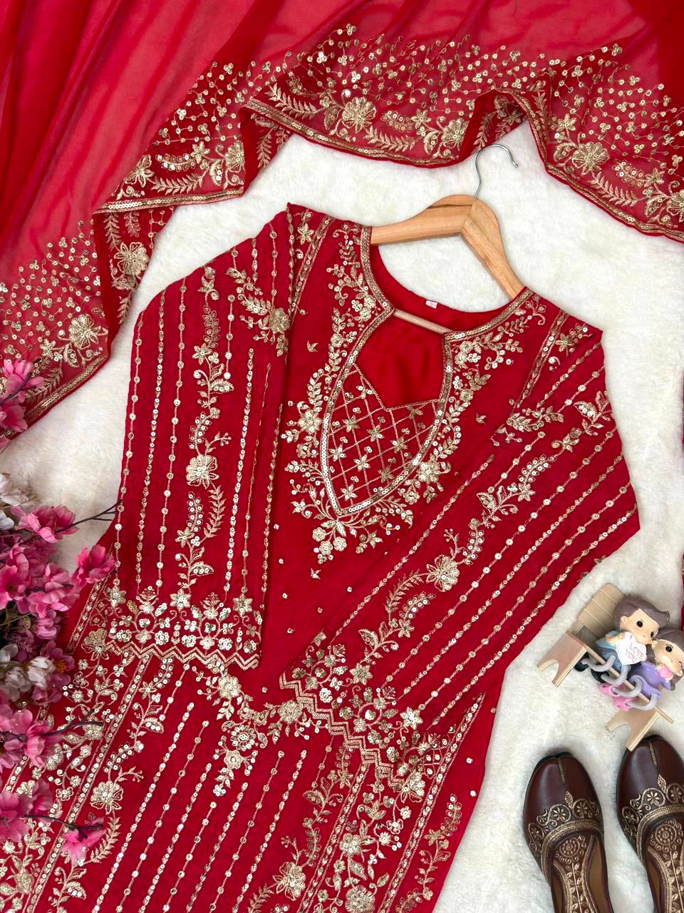 Luxury Chinon Palazzo Suit with Embroidered Georgette Dupatta