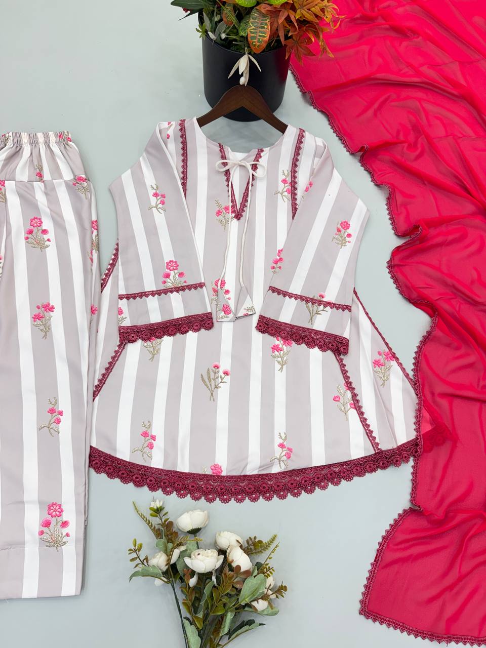 Festive Wear Pure Natural Crepe Farshi Pant Suit Set