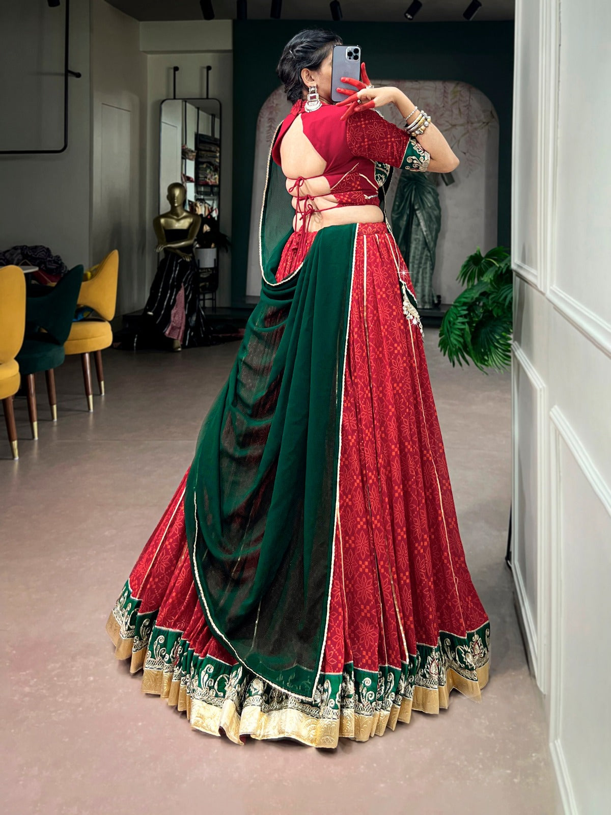 Traditional Bandhej Foil Print Lehenga Choli with Vintage Lace Detailing