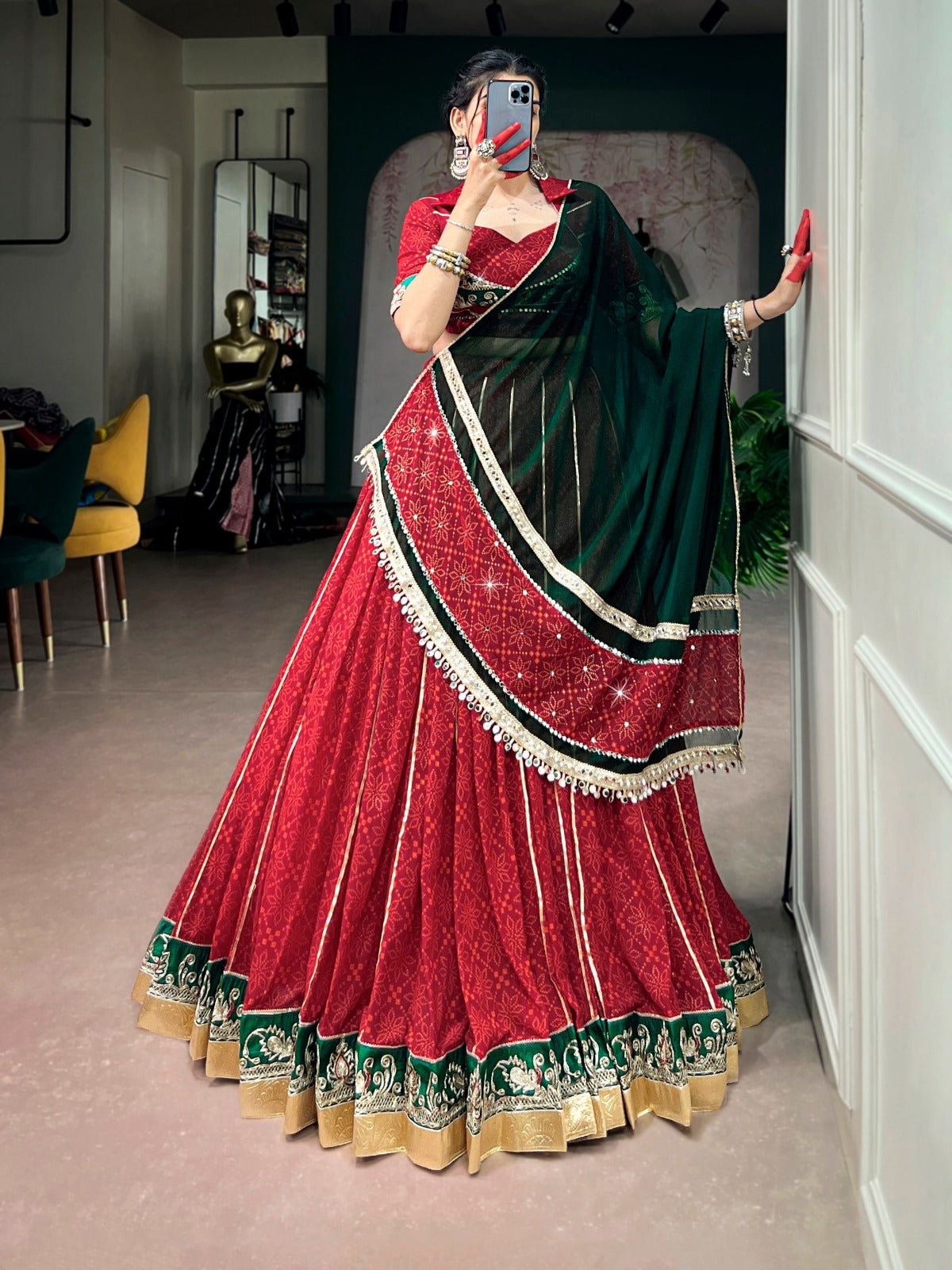 Traditional Bandhej Foil Print Lehenga Choli with Vintage Lace Detailing