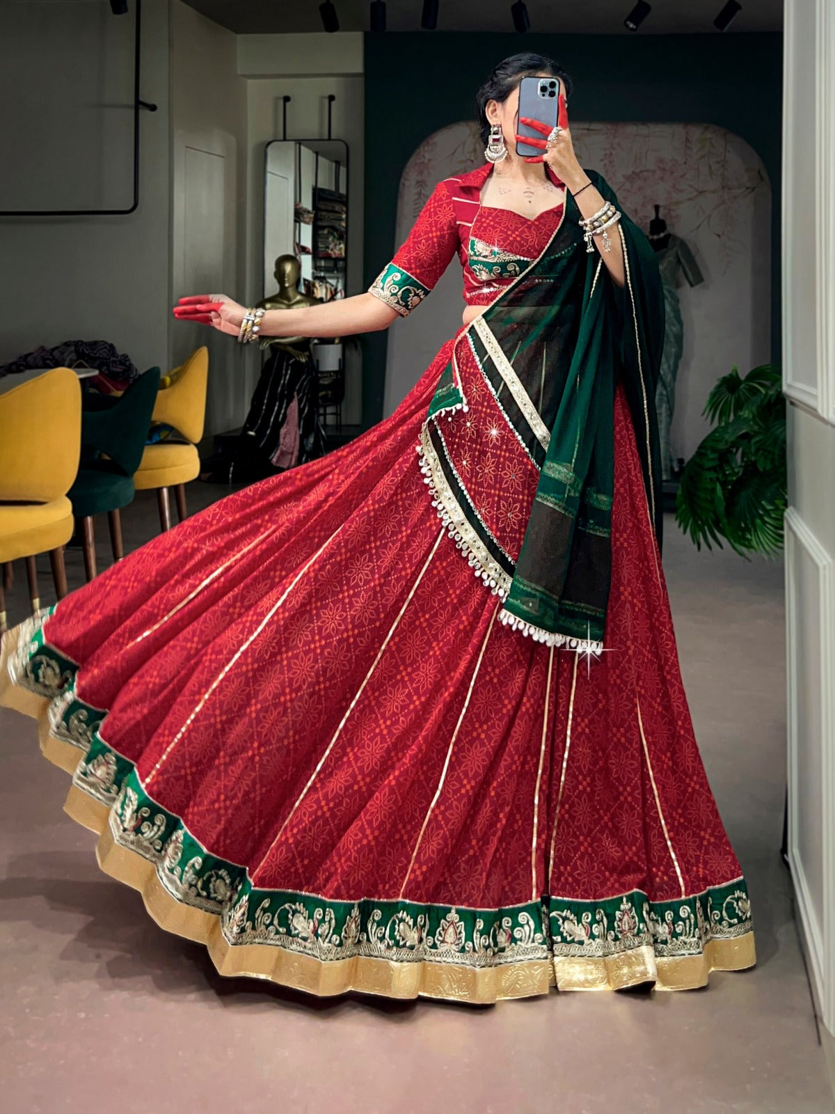 Traditional Bandhej Foil Print Lehenga Choli with Vintage Lace Detailing