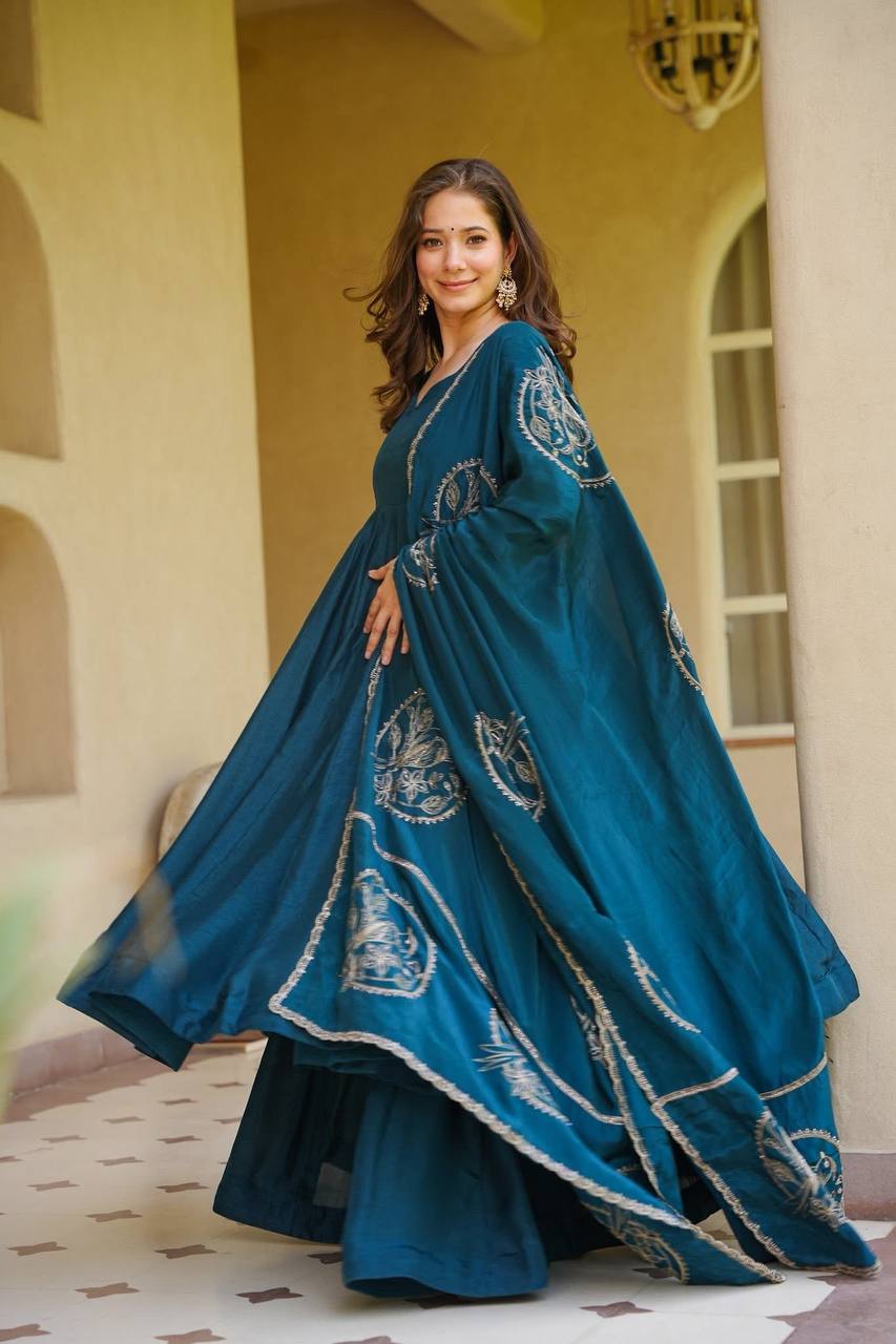 Premium Heavy Vichitra Silk 3 Piece Anarkali Suit Set with Palazzo