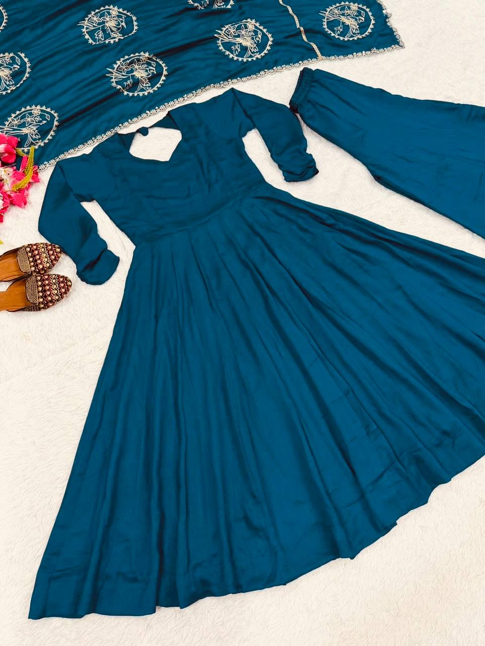 Premium Heavy Vichitra Silk 3 Piece Anarkali Suit Set with Palazzo