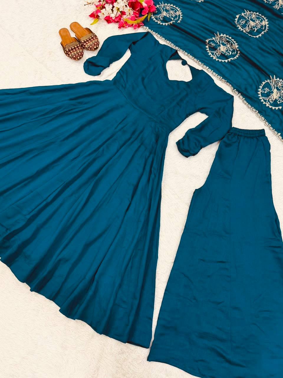 Premium Heavy Vichitra Silk 3 Piece Anarkali Suit Set with Palazzo