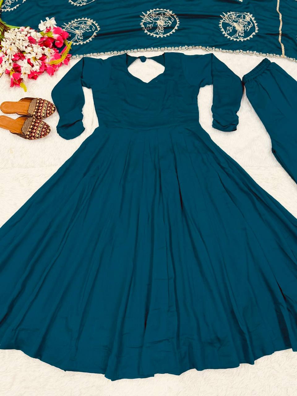Premium Heavy Vichitra Silk 3 Piece Anarkali Suit Set with Palazzo